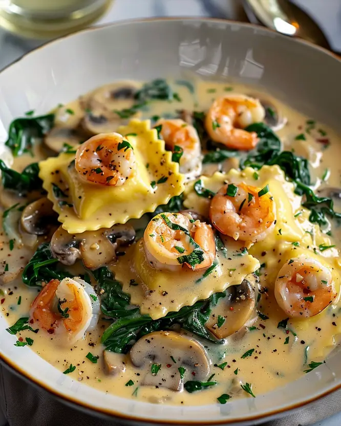 Seafood Ravioli in Creamy Garlic Sauce